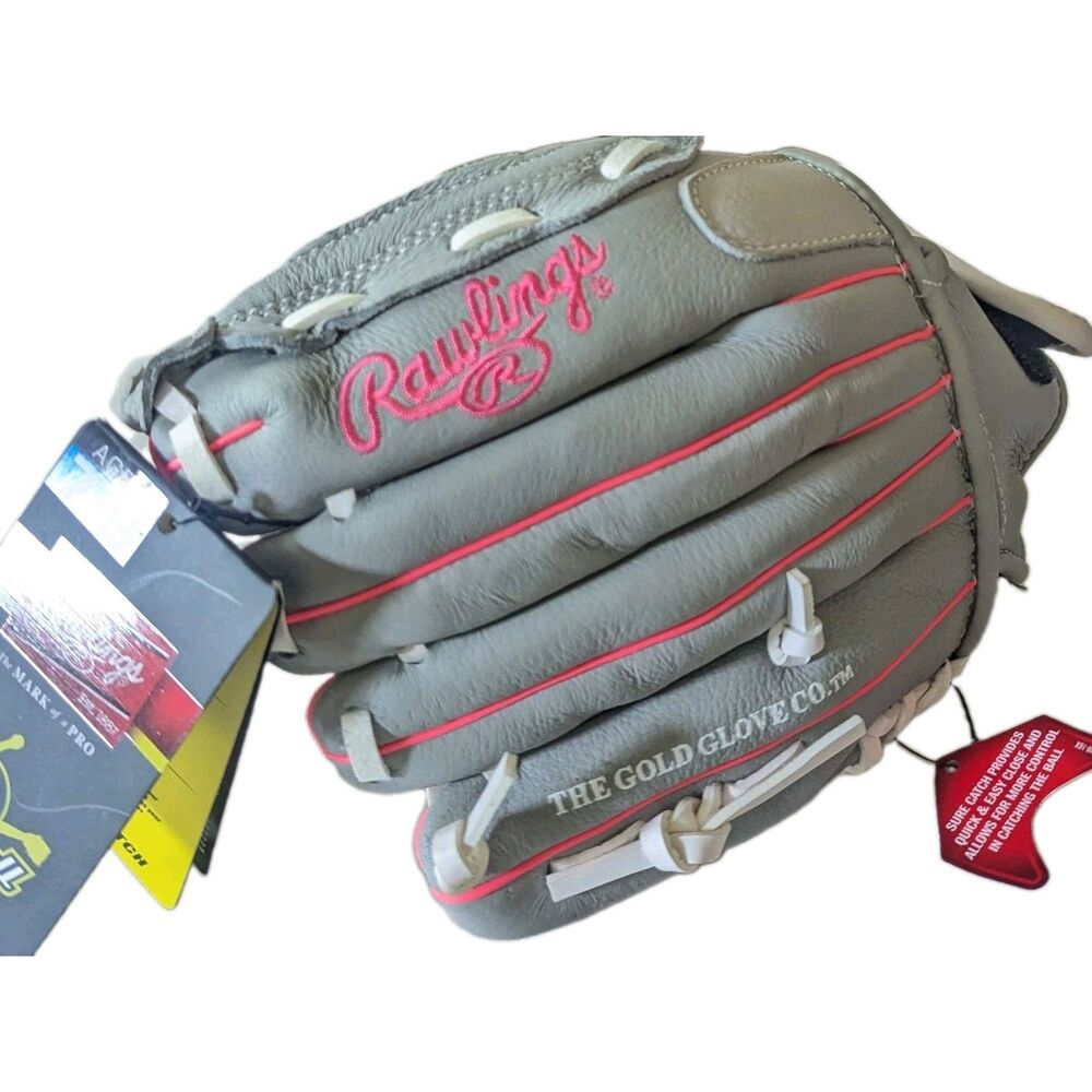 NWT Rawlings Sure Catch Leather Gray Pink 10.5” Left Hand Softball Glove Age 7-9